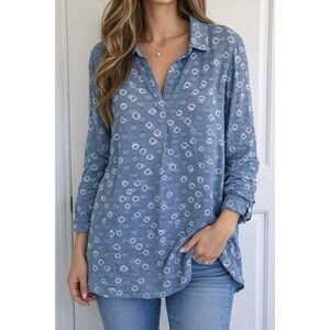 NWT J JILL PURE JILL BANDHANI POPOVER COTTON M BLUE V NECK PLEAT LONG SLEEVE